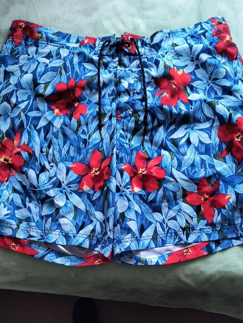 Nautica Blue Swim Trunks with Red Floral Accent, XXL